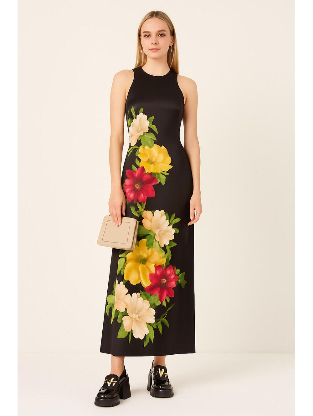 Adrianna Papell Floral Printed Satin Sleeveless Midi Dress Black sz 10 Cocktail